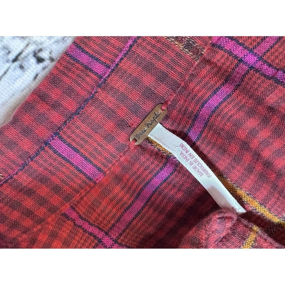 Free People Break My Stride Plaid Tunic Top Size Small Red Long Sleeve Oversized